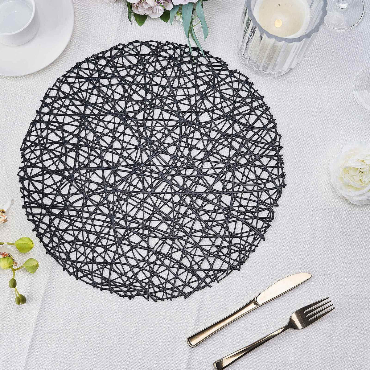 6-Pack Vinyl Placemats Black Woven Design - Durable Non-Slip Round Table Mats for Dining 15"
