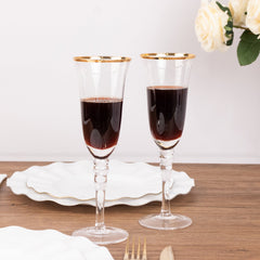 6-Pack Champagne Flute Glasses Clear Gold Rimmed Design with Long Beaded Stem - Chic Crystal Glassware for Wine & Events 6oz 8.5"