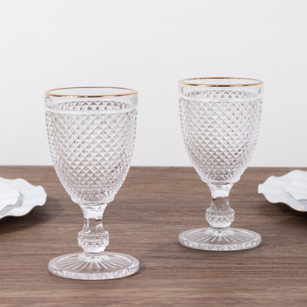 6-Pack Vintage Wine Glasses with Gold Rim and Embossed Diamond Pattern Clear - Crystal 8oz Short Stem Goblets for Cocktails 6"