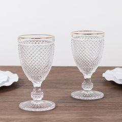 6-Pack Vintage Wine Glasses with Gold Rim and Embossed Diamond Pattern Clear - Crystal 8oz Short Stem Goblets for Cocktails 6"