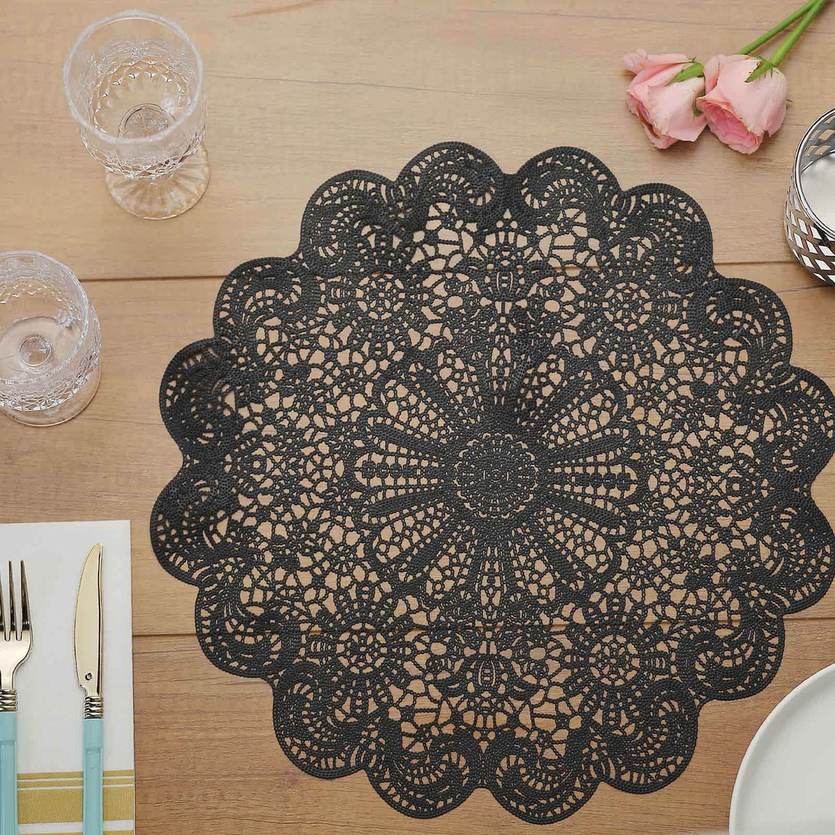 6-Pack Dining Table Mats Floral Lace Design Black - Vinyl Non-Slip Surface with Vintage Appeal 15"