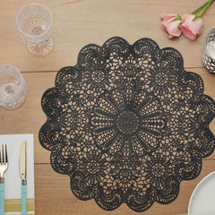 6-Pack Dining Table Mats Floral Lace Design Black - Vinyl Non-Slip Surface with Vintage Appeal 15"