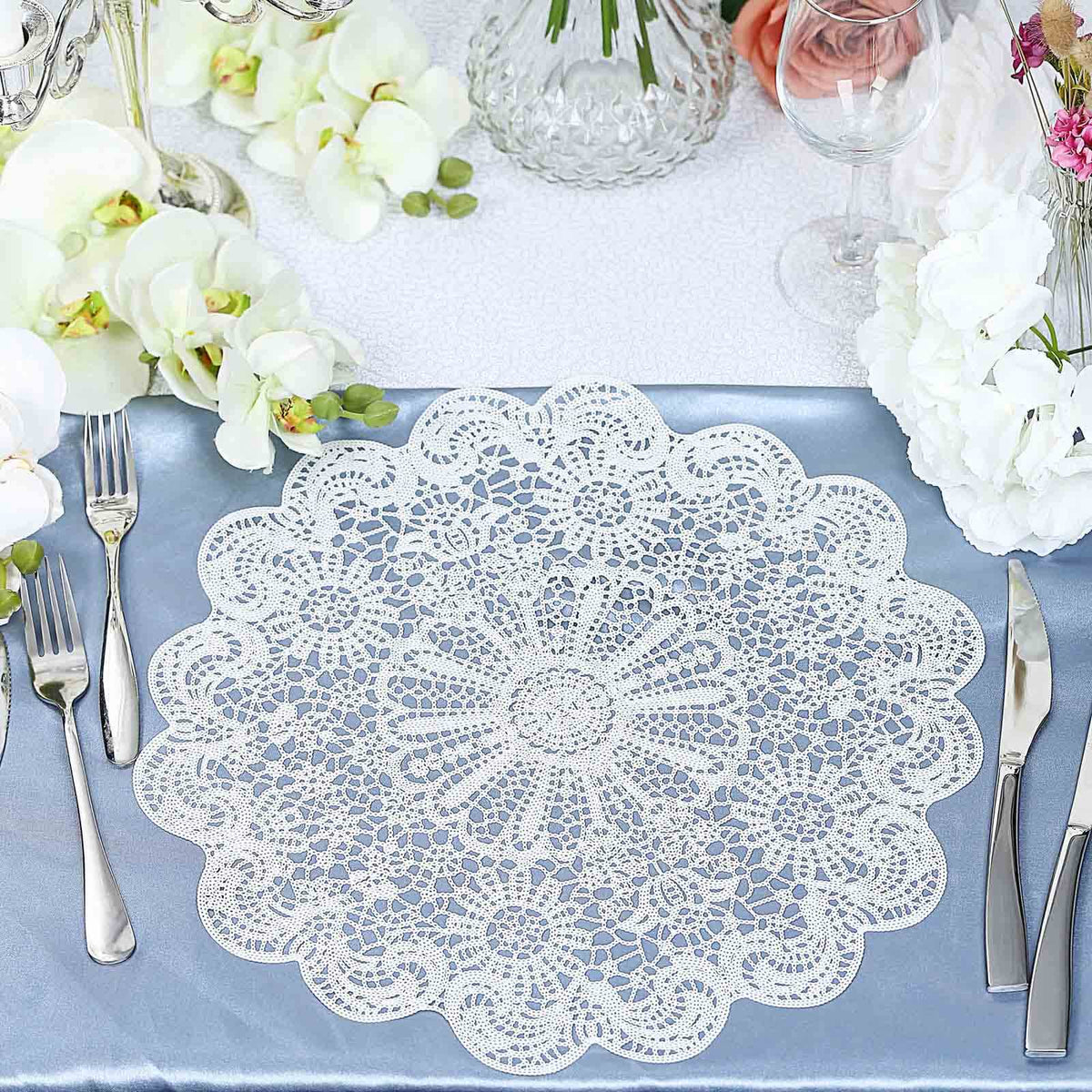6-Pack Dining Table Mats Floral Lace Design White - Vinyl Non-Slip Surface with Vintage Appeal 15"