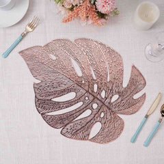 6-Pack Dining Table Mats Monstera Leaf Design Rose Gold - Vinyl Non-Slip Surface for Tropical Themes 18"