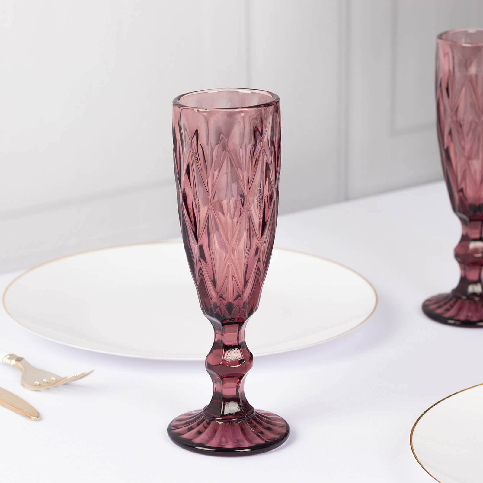 6-Pack Champagne Flute Glasses Transparent Dusty Rose Textured Crystal Cut Design - Chic Wine Goblets for Parties & Events 6oz 8"