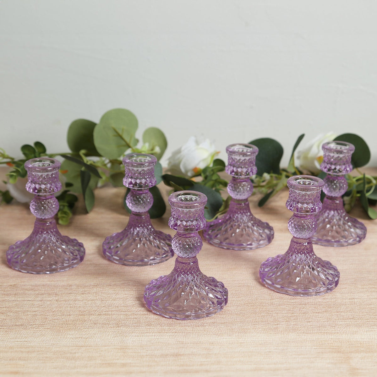 6-Pack Glass Taper Candlestick Holders Diamond Pattern Design Lavender Lilac - Reversible Crystal Pillar Votive Stands 4"