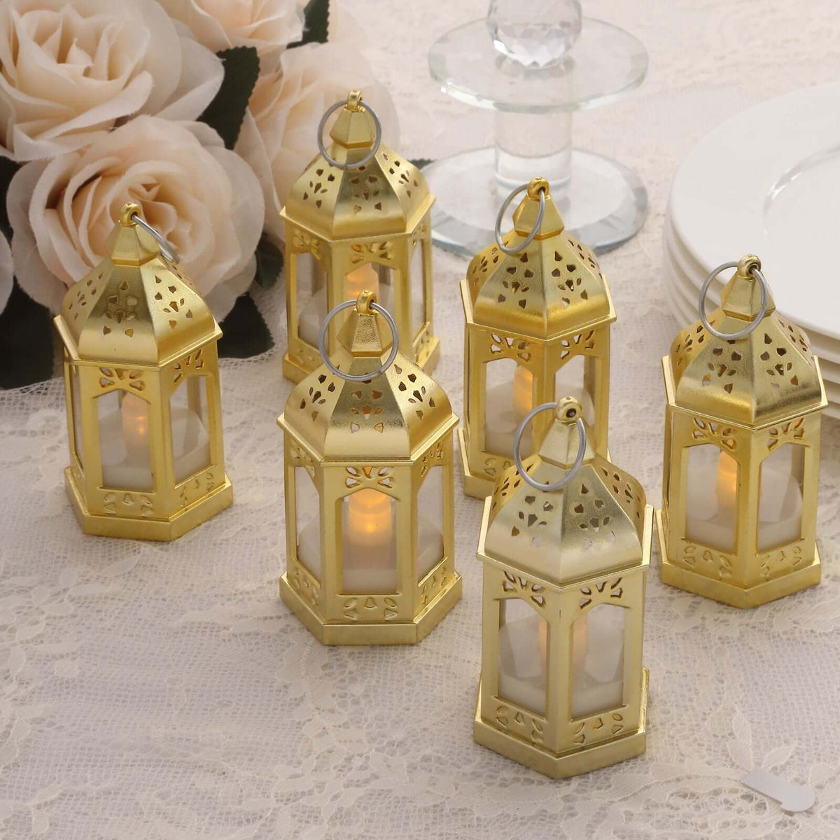 6-Pack LED Tealights Warm White Moroccan Style Gold - Battery Operated Mini Lantern Candle Lamp Centerpieces 3.5"