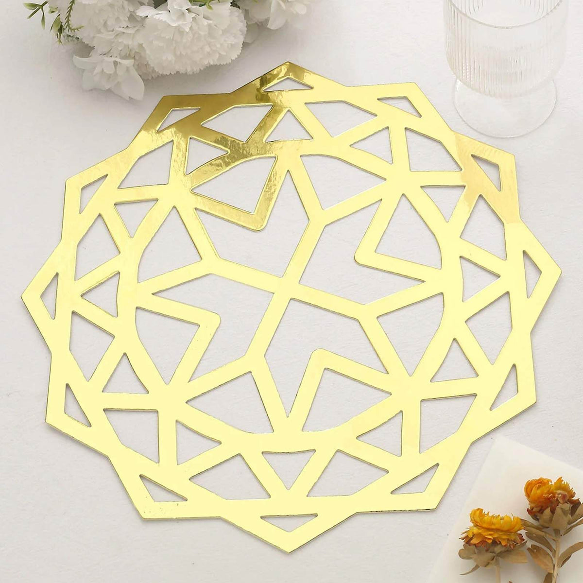 6-Pack Disposable Table Placemats in Metallic Gold Laser Cut Geometric Star Design - 700GSM Cardboard Placemats for Glamorous Table Settings 13"