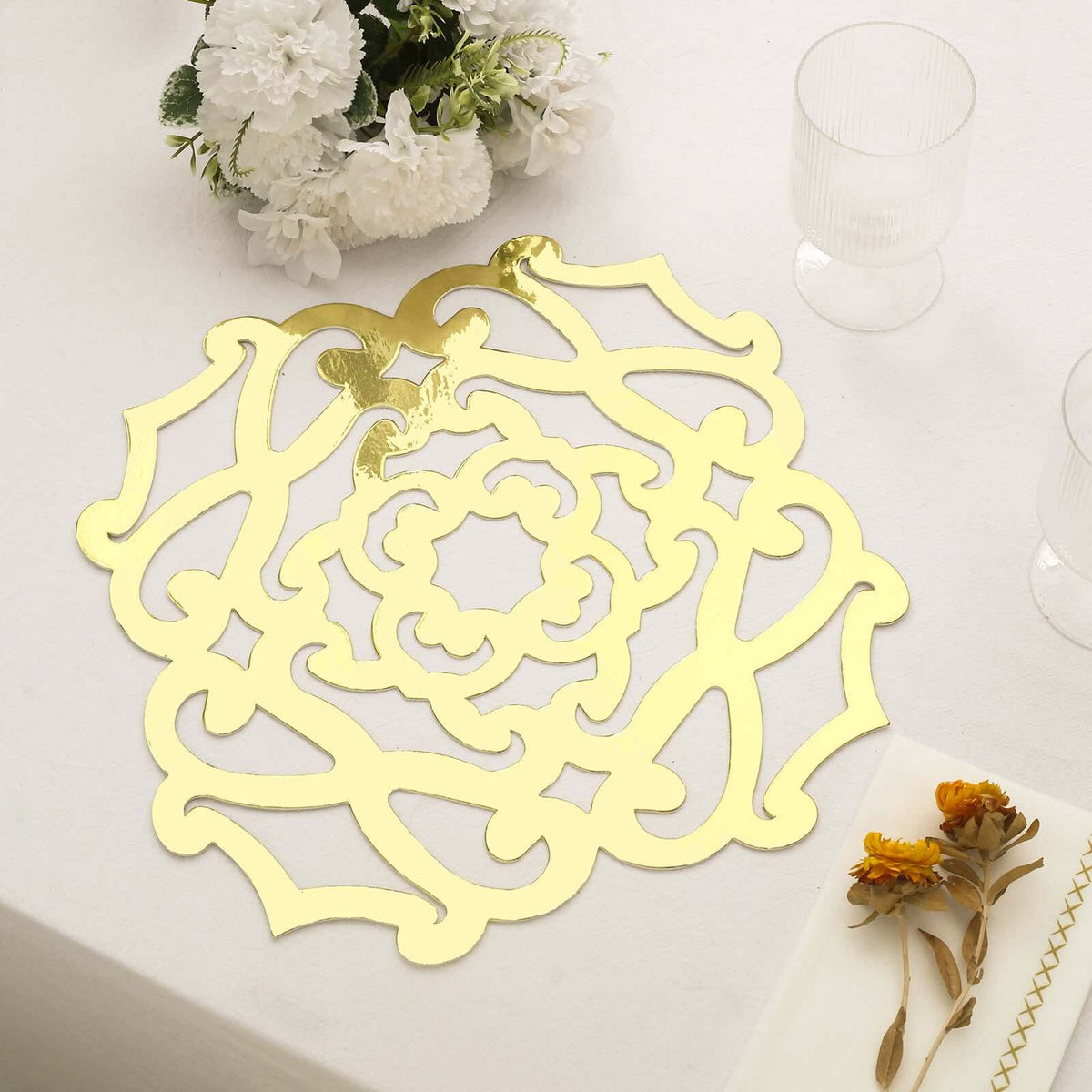 6-Pack Disposable Table Placemats in Metallic Gold Laser Cut Flower Design - 700GSM Cardboard Placemats for Glamorous Table Settings 13"