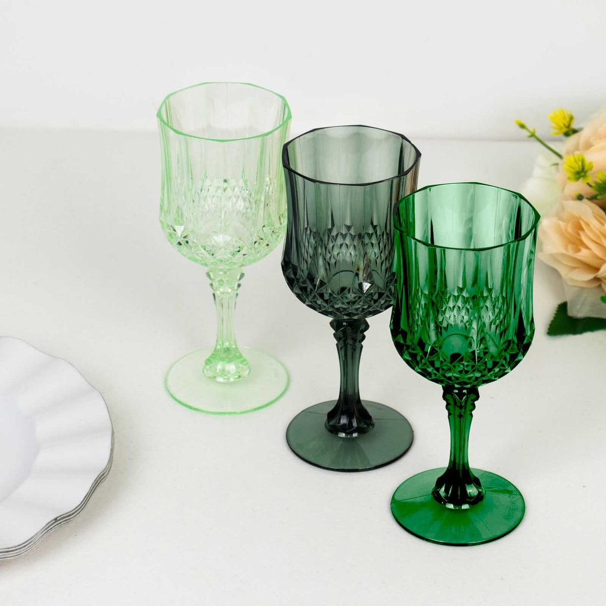 12-Pack Plastic Cocktail Goblets Assorted Green Transparent Crystal Cut - Shatterproof Drinkware 8oz
