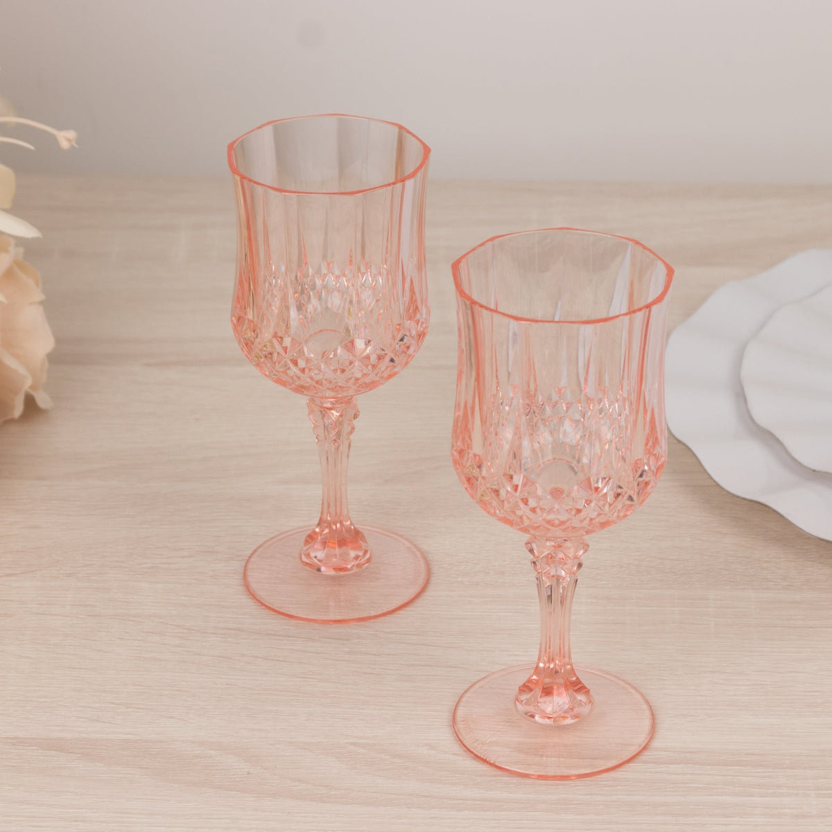 6-Pack Plastic Cocktail Goblets Transparent Blush Crystal Cut - Shatterproof Drinkware 8oz