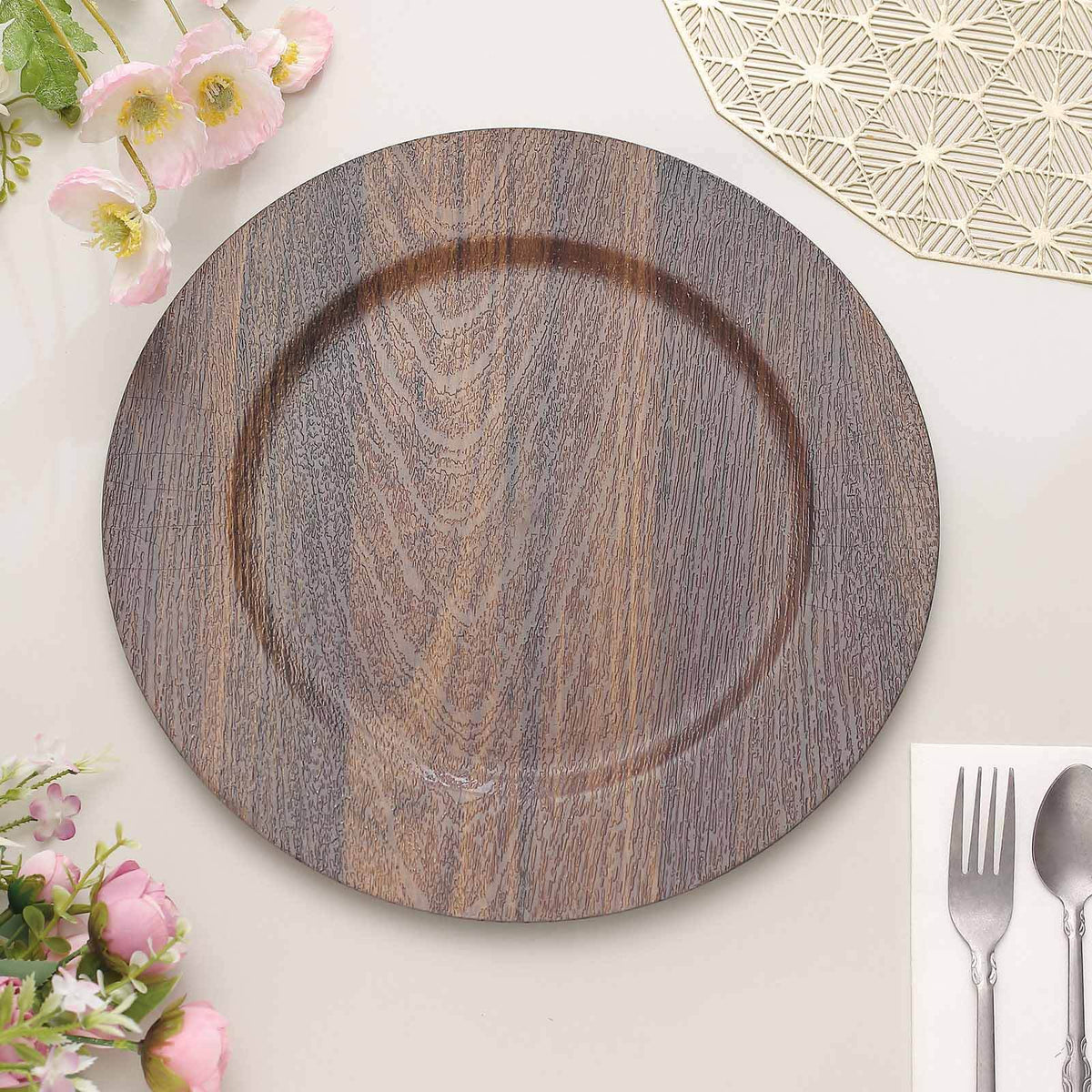 6-Pack Plastic Round Charger Plates 13" in Dark Brown with Faux Wood Finish, Rustic Boho Chic Dinner Party Charger Tableware