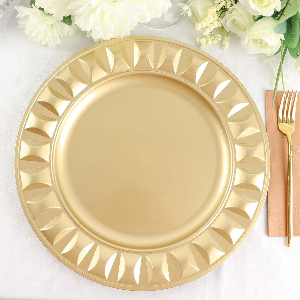 6-Pack Plastic Round Charger Plates 13" in Gold with Bejeweled Rim, Luxe Decorative Dinner Party Charger Tableware