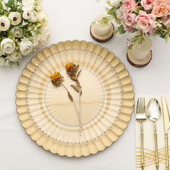 6-Pack Plastic Round Charger Plates 13" in Gold with Scalloped Shell Pattern, Coastal Inspired Disposable Charger Tableware