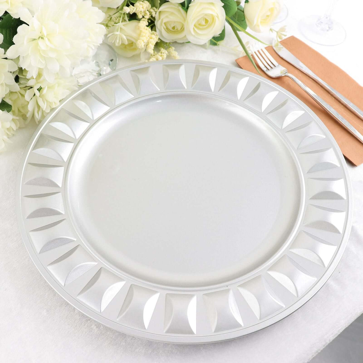6-Pack Plastic Round Charger Plates 13" in Silver with Bejeweled Rim, Luxe Decorative Dinner Party Charger Tableware