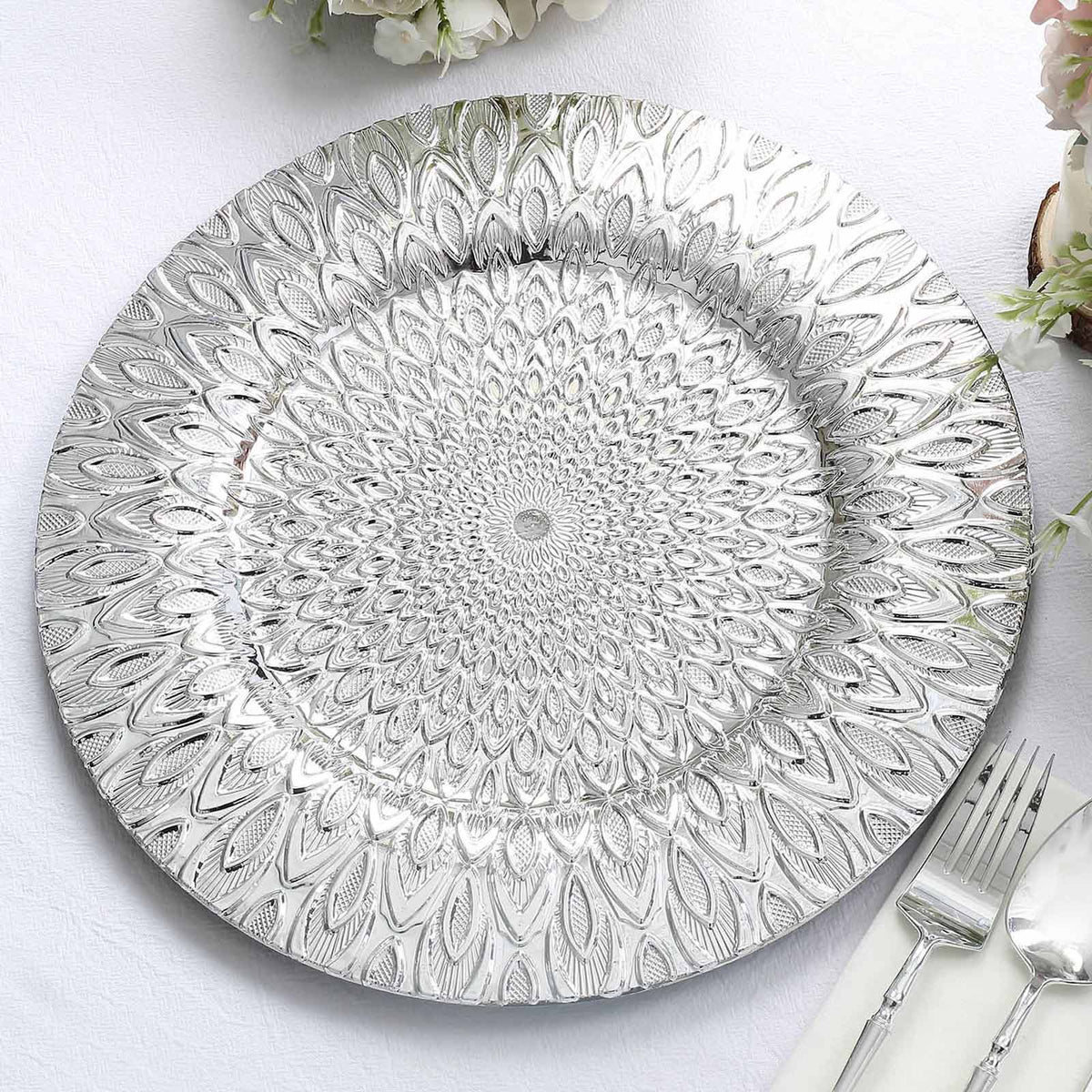 6-Pack Plastic Round Charger Plates 13" in Silver with Embossed Peacock Pattern, Stylish Disposable Charger Tableware