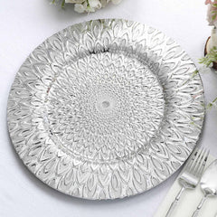 6-Pack Plastic Round Charger Plates 13" in Silver with Embossed Peacock Pattern, Stylish Disposable Charger Tableware