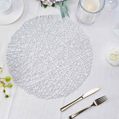 6-Pack Vinyl Placemats Silver Woven Design - Durable Non-Slip Round Table Mats for Dining 15"