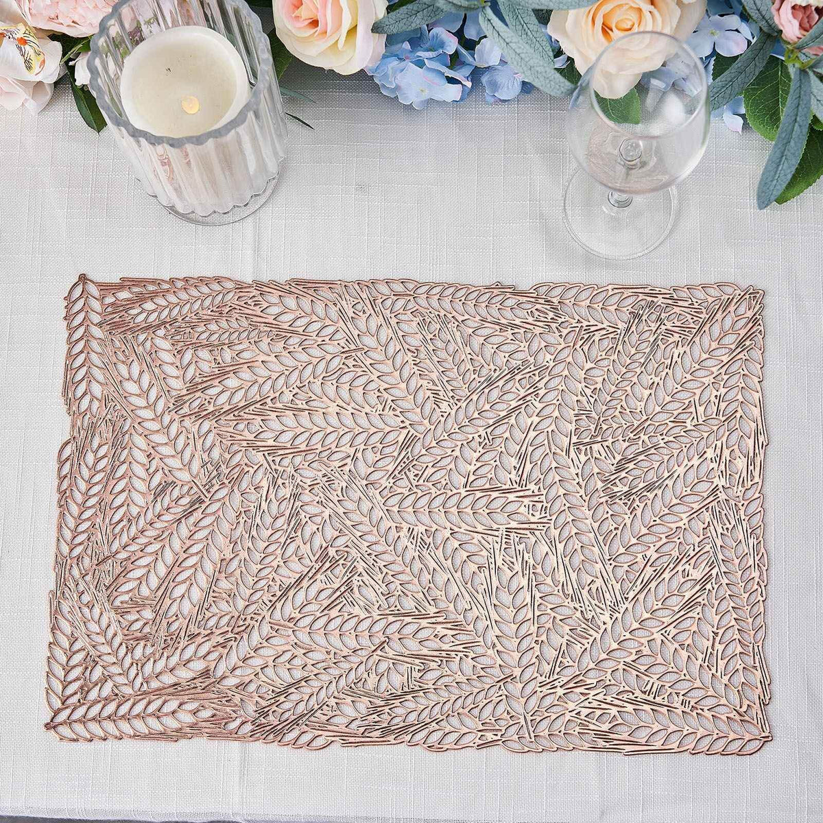 6-Pack Table Mats Wheat Design Rose Gold - Vinyl Rectangle Non-Slip Surface for Stylish Settings 12"x18"
