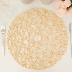 6-Pack Table Placemats Woven Fiber Design Beige Round - Disposable Mats for Dining and Events 15"