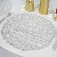 6-Pack Table Placemats Woven Fiber Design Silver Round - Disposable Mats for Dining and Events 15"