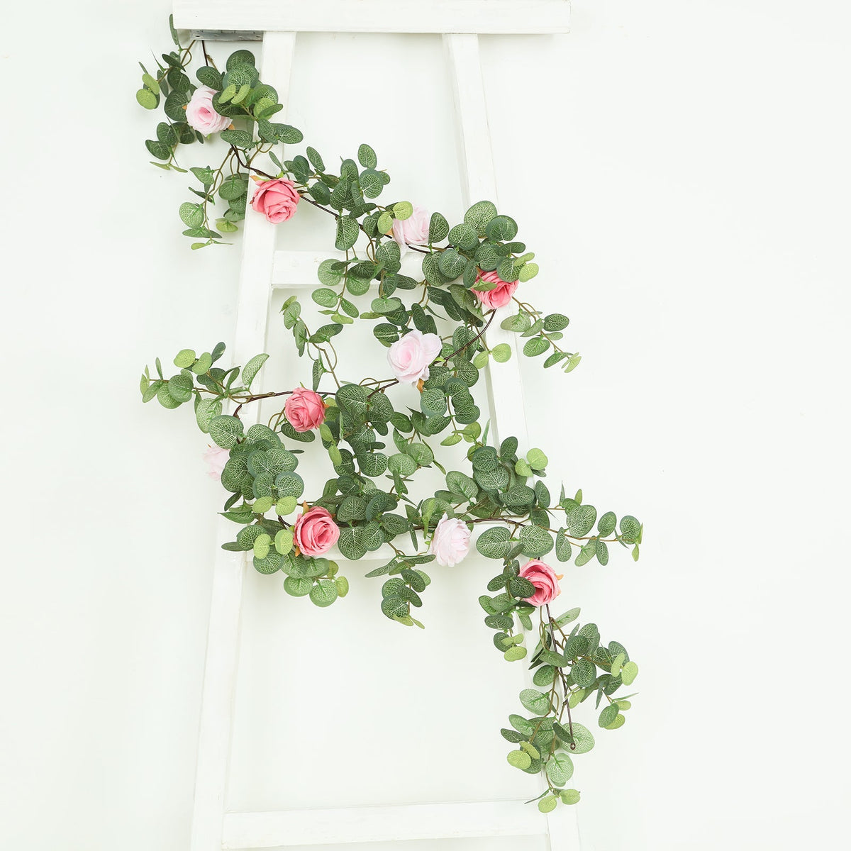 6ft Artificial Eucalyptus Garland with Blush/Dusty Rose Silk Roses – Faux Greenery Vine
