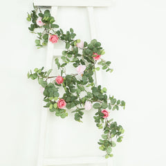 6ft Artificial Eucalyptus Garland with Blush/Dusty Rose Silk Roses – Faux Greenery Vine