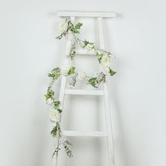 6ft White Silk Rose Peony Flower Garland, Mixed Floral Greenery Garland Artificial Hanging Vine