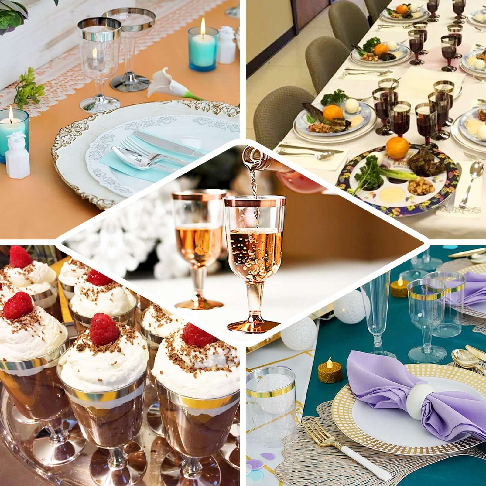 12 Pack Plastic Short Stem Wine Glasses Transparent Dusty Blue/Gold Rim - Stylish Disposable Drinkware 6oz