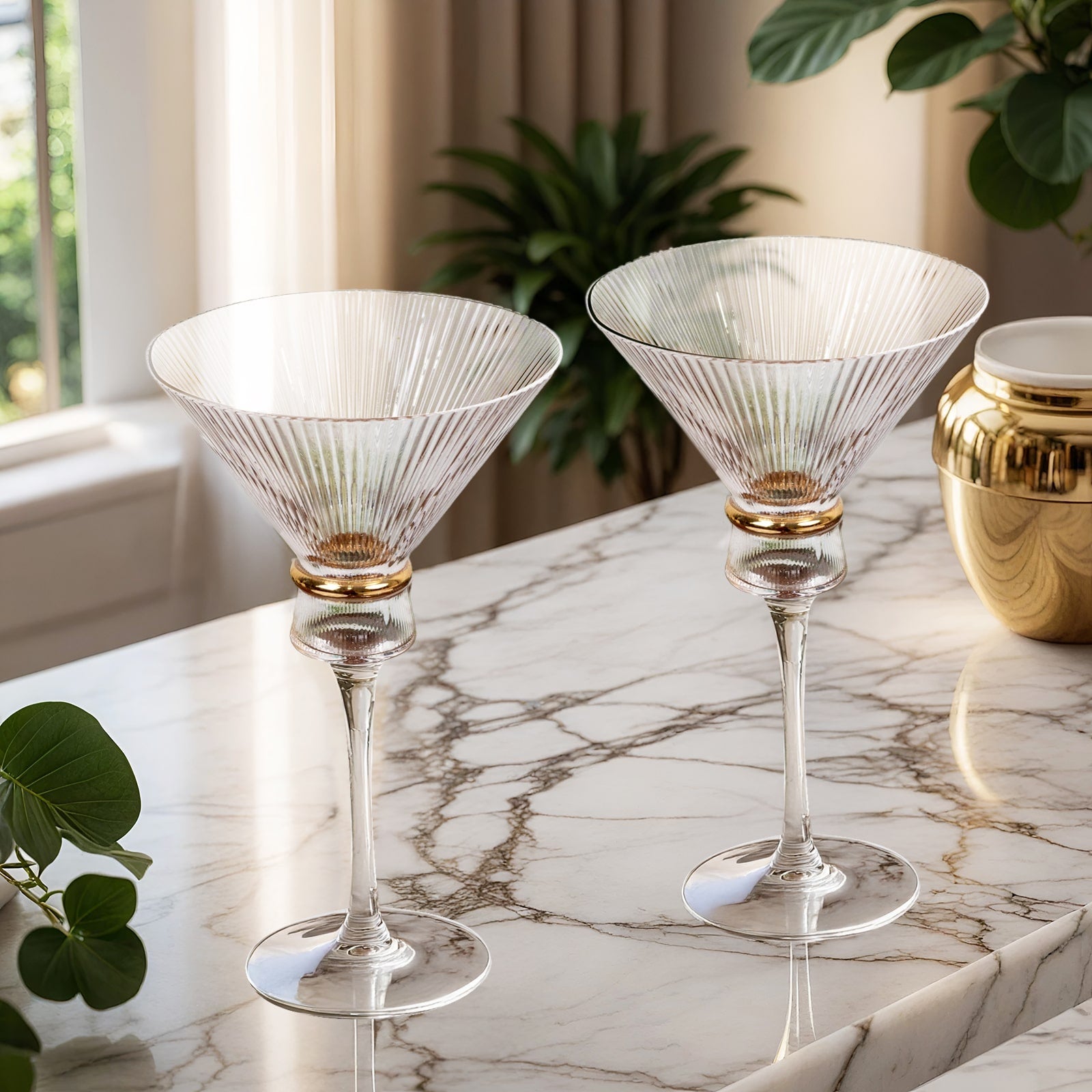 6-Pack Clear Martini Glasses – 10oz Real Glass, Ribbed Design with Gold Ring Accent, Elegant Cocktail Glasses for Martinis & Cosmopolitans – 8" Tall