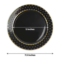 10-Pack Plastic 7.5" Round Dessert Plates in Black with Gold 3D Polka Dotted Rim - Durable Disposable Appetizer Salad Plates for Modern Themed Events & Banquets