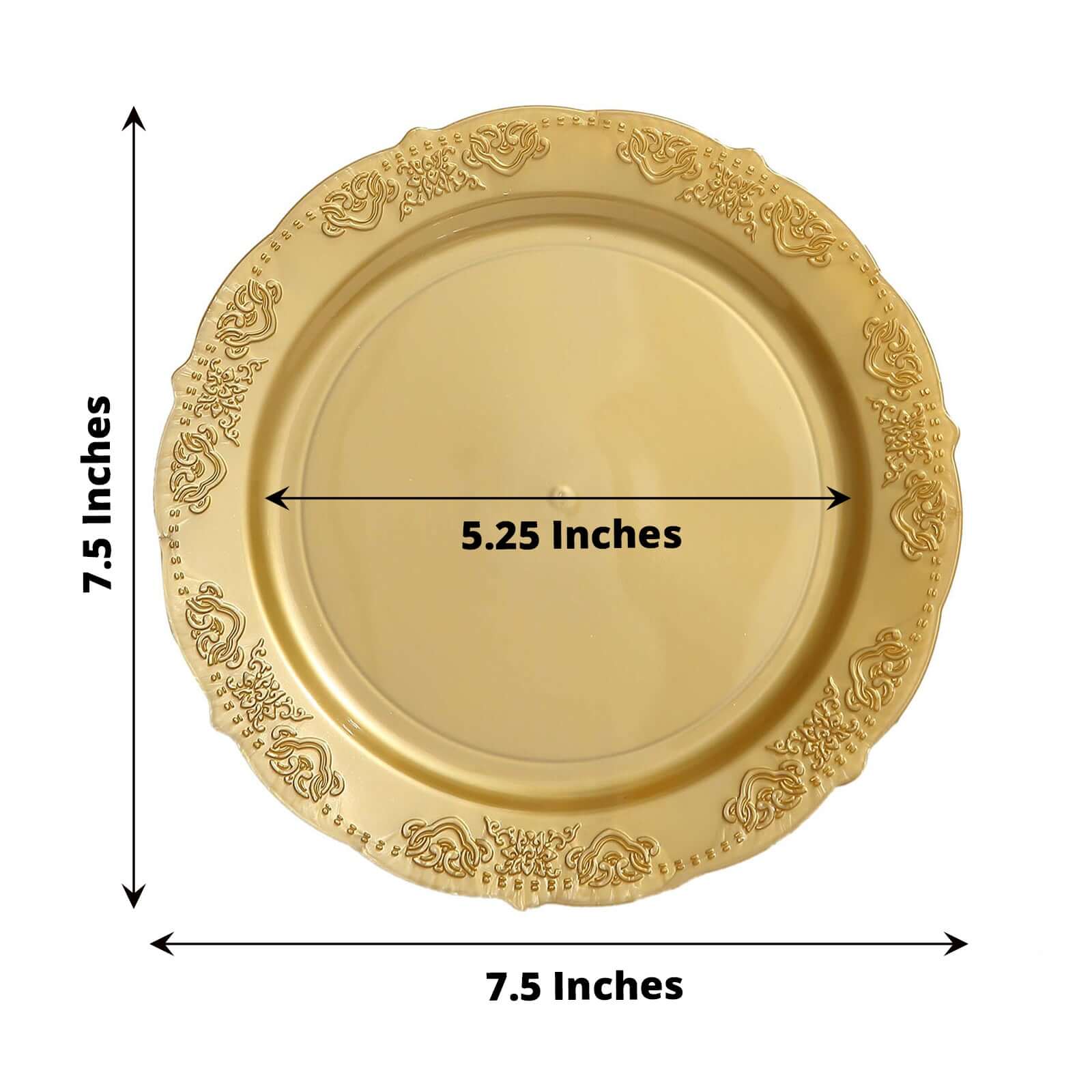 10-Pack Plastic 7.5" Round Appetizer Plates Gold Embossed Scalloped Edge - Chic Disposable Salad Plates for Special Occasions & Banquets
