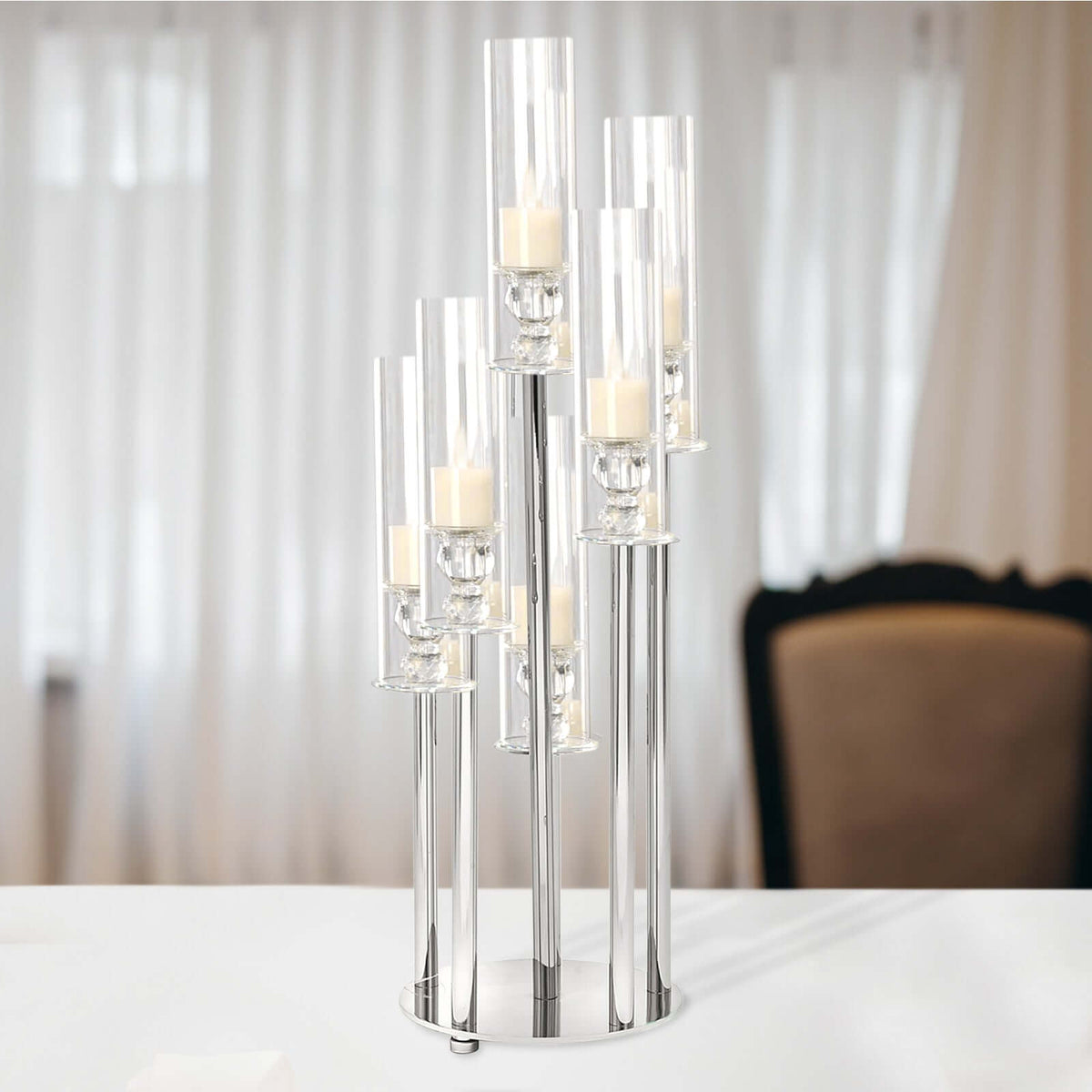 7-Arm Round Taper Crystal Candelabra with Mirror Base Clear - Lustrous Candle Holder Table Centerpiece for Votive & Pillar Candles 33"