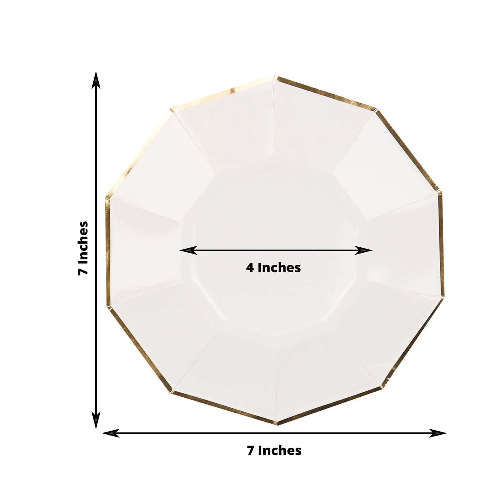 25-Pack Paper 7" Decagon Appetizer Plates in White with Gold Foil Rim - Stylish Geometric Dessert/Salad Plates for Cocktail Parties & Receptions