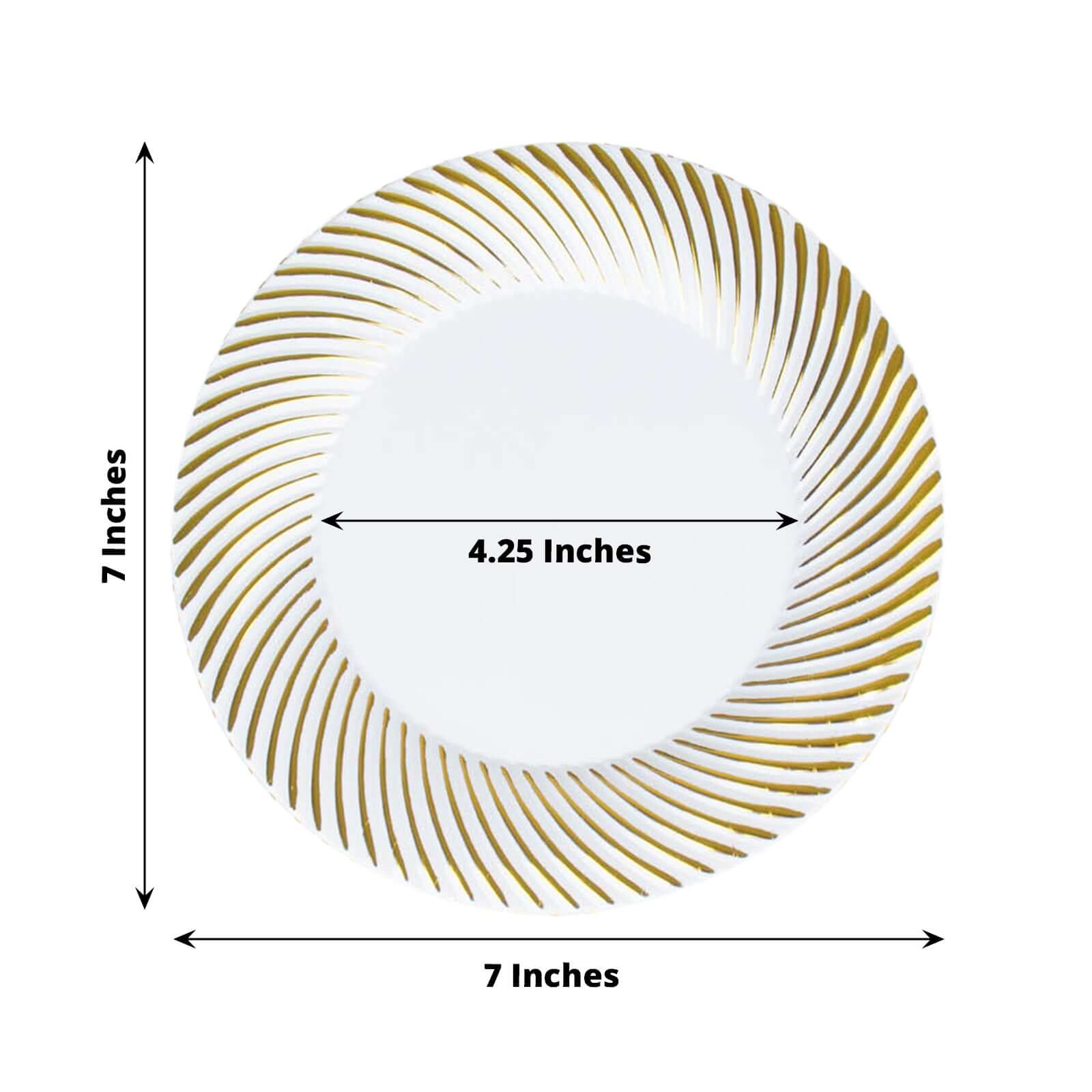 10-Pack Plastic 7" Round Dessert Plates in White with Gold Swirl Rim - Disposable Salad Plates for Classy Events & Banquets