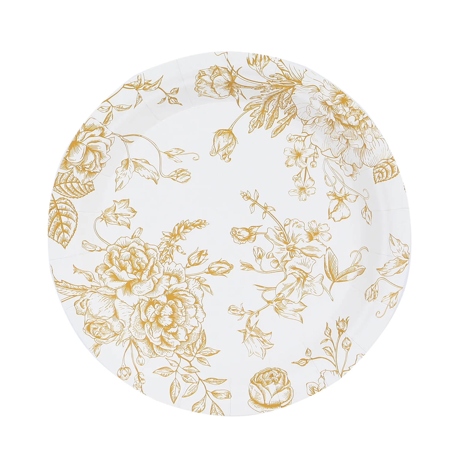 25-Pack Paper 7" Round Dessert Plates in White with Gold French Toile Pattern - Disposable Floral Salad Appetizer Plates for Chic Event Decor