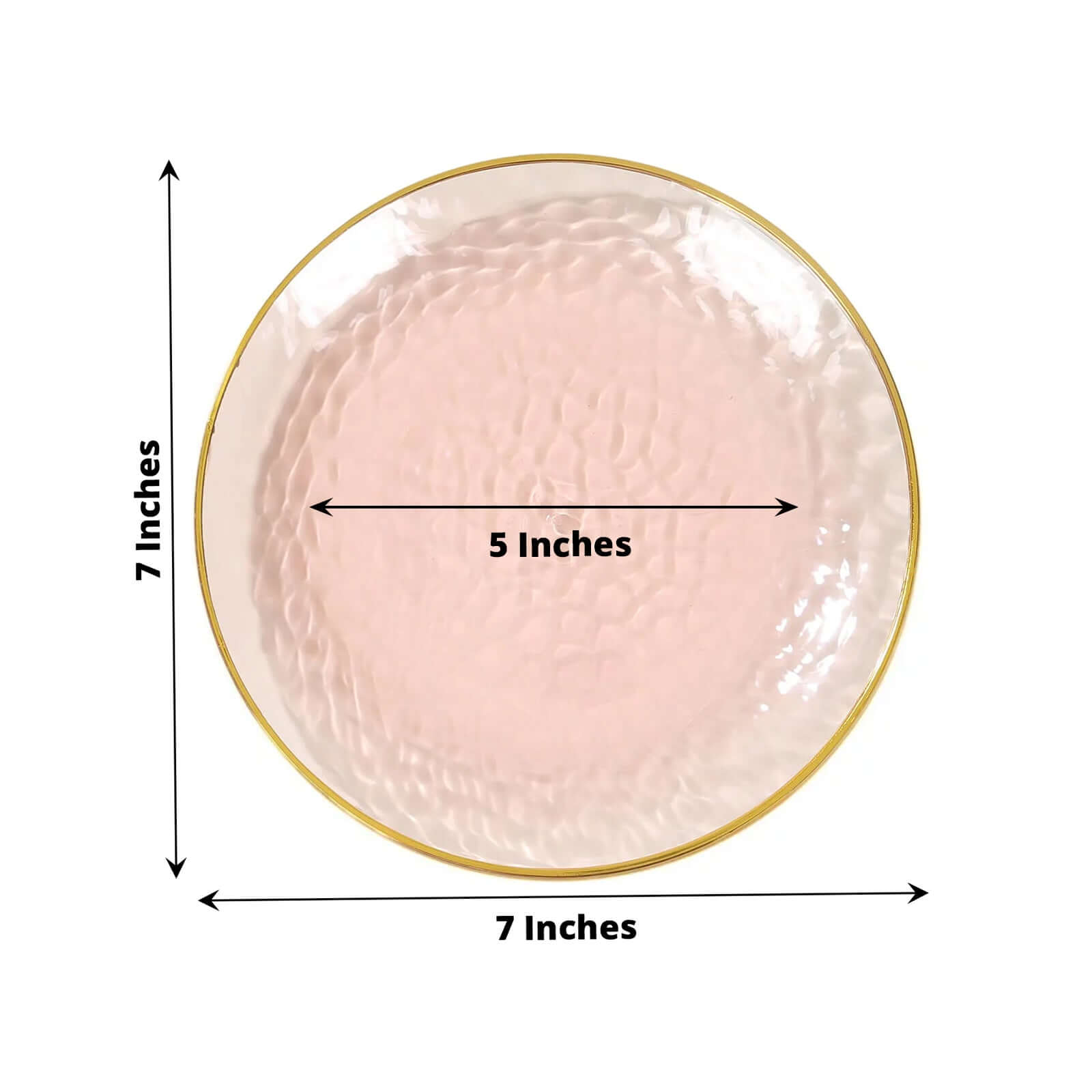 10-Pack Plastic 7" Round Dessert Appetizer Plates in Transparent Blush Hammered Design with Gold Rim - Modern Disposable Salad Plates