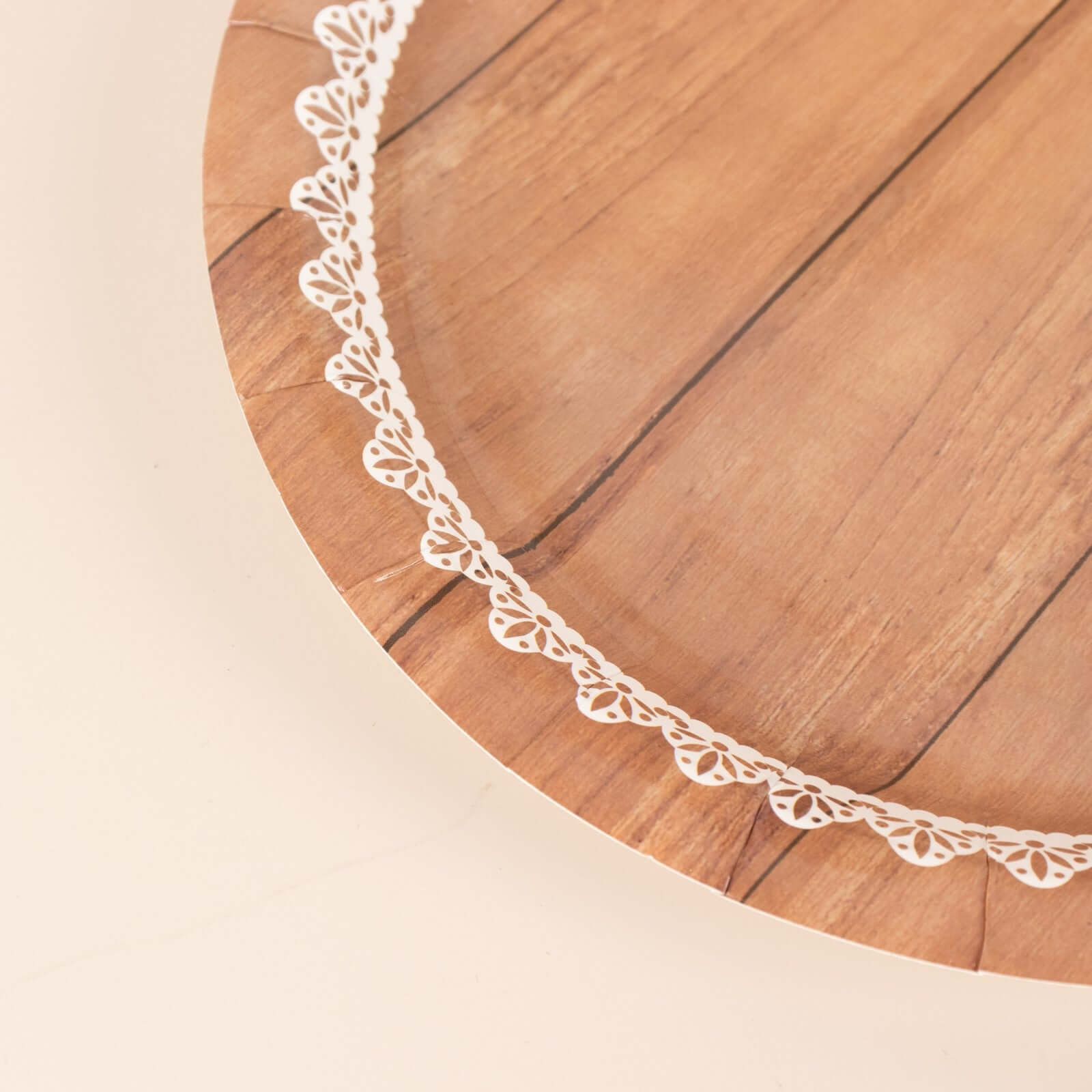 25-Pack Paper 7" Round Dessert Plates in Brown Wood Grain Print with White Floral Lace Rim - Disposable Appetizer Salad Plates for Rustic Farmhouse Style Events