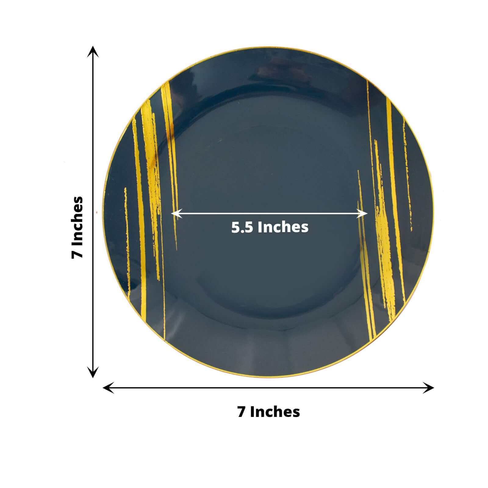 10-Pack Plastic 7" Round Dessert Plates in Navy Blue with Gold Brush Stroked Print - Disposable Appetizer Salad Plates