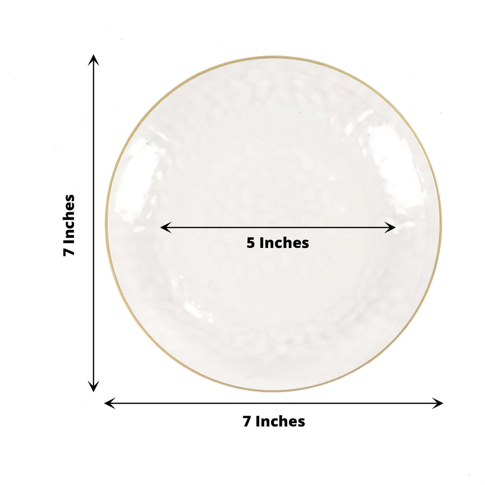 10-Pack Plastic 7" Round Dessert Appetizer Plates in Clear Hammered Design with Gold Rim - Modern Disposable Salad Plates