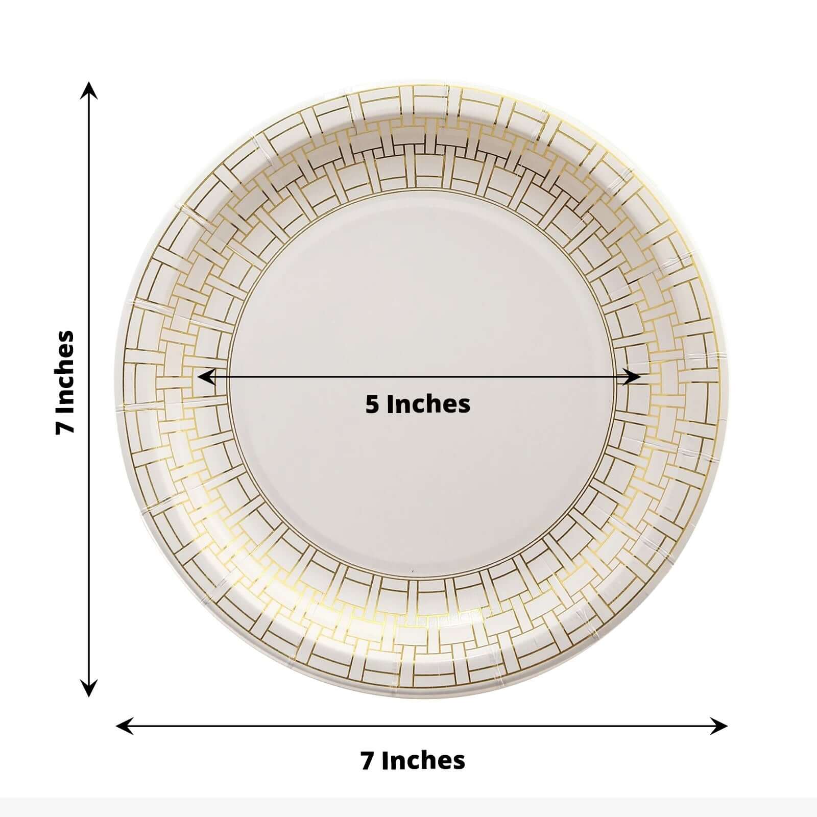 25-Pack Paper 7" Round Dessert Plates in White with Gold Basketweave Rim