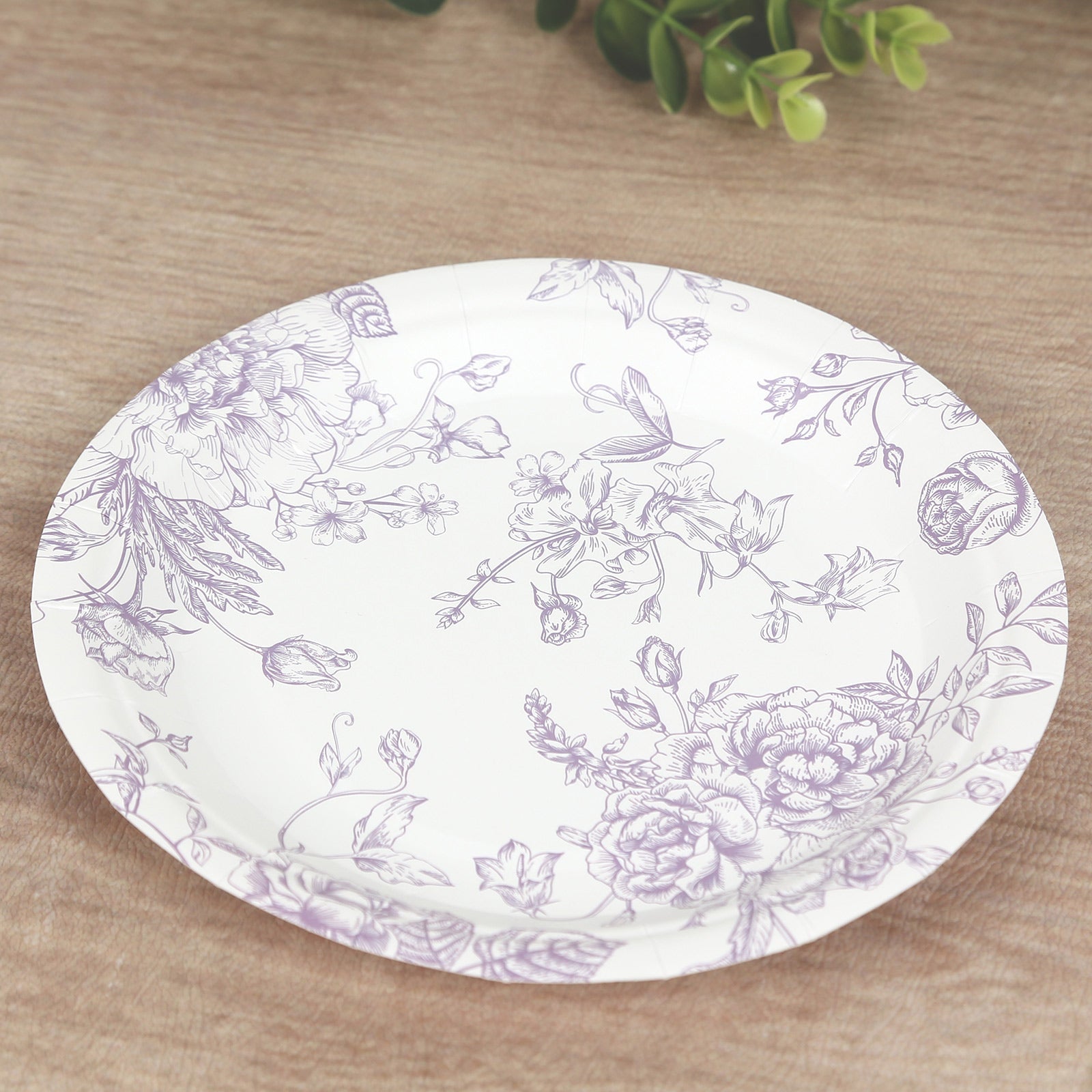 25-Pack Paper 7" Round Dessert Plates in White with Matte Lavender French Toile Pattern - Disposable Floral Salad Appetizer Plates