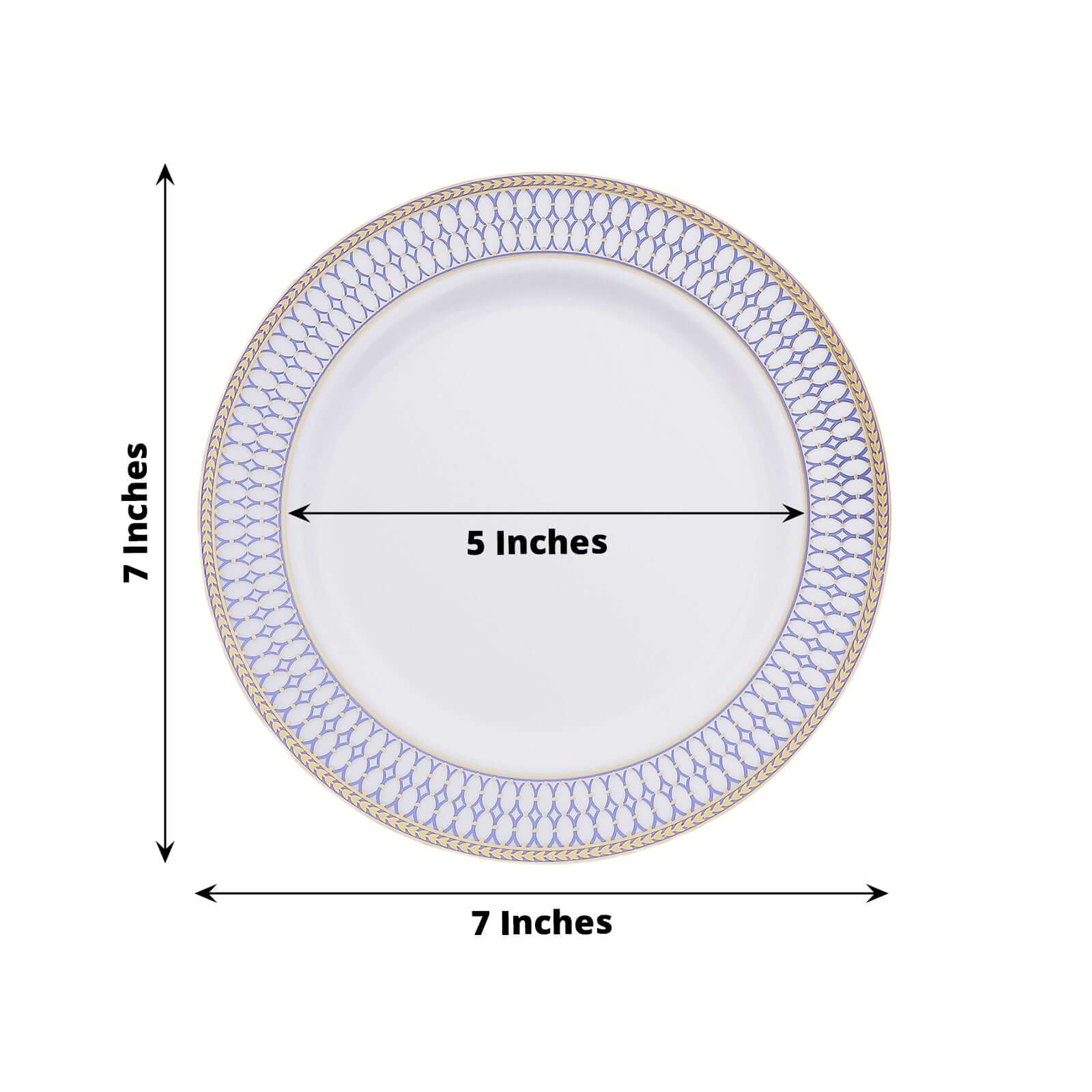 10-Pack Plastic 7" Round Dessert Plates in White with Gold Navy Blue Chord Rim - Renaissance Style Disposable Salad Appetizer Plates for Events & Banquets