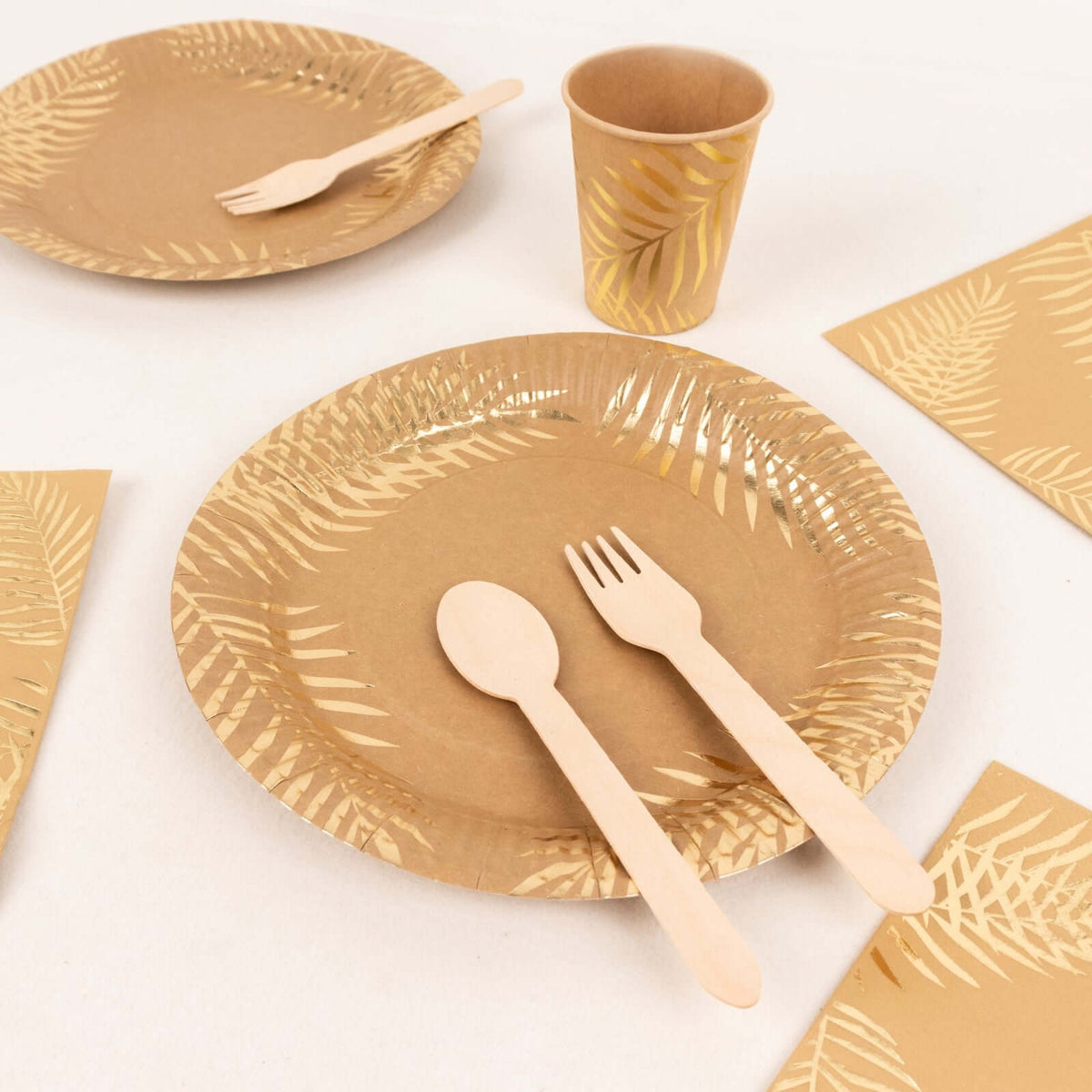 72 Pcs Paper Dinnerware Set with Gold Foil Palm Leaves Print Natural - Disposable Tableware Combo-Pack with Plates and Cups