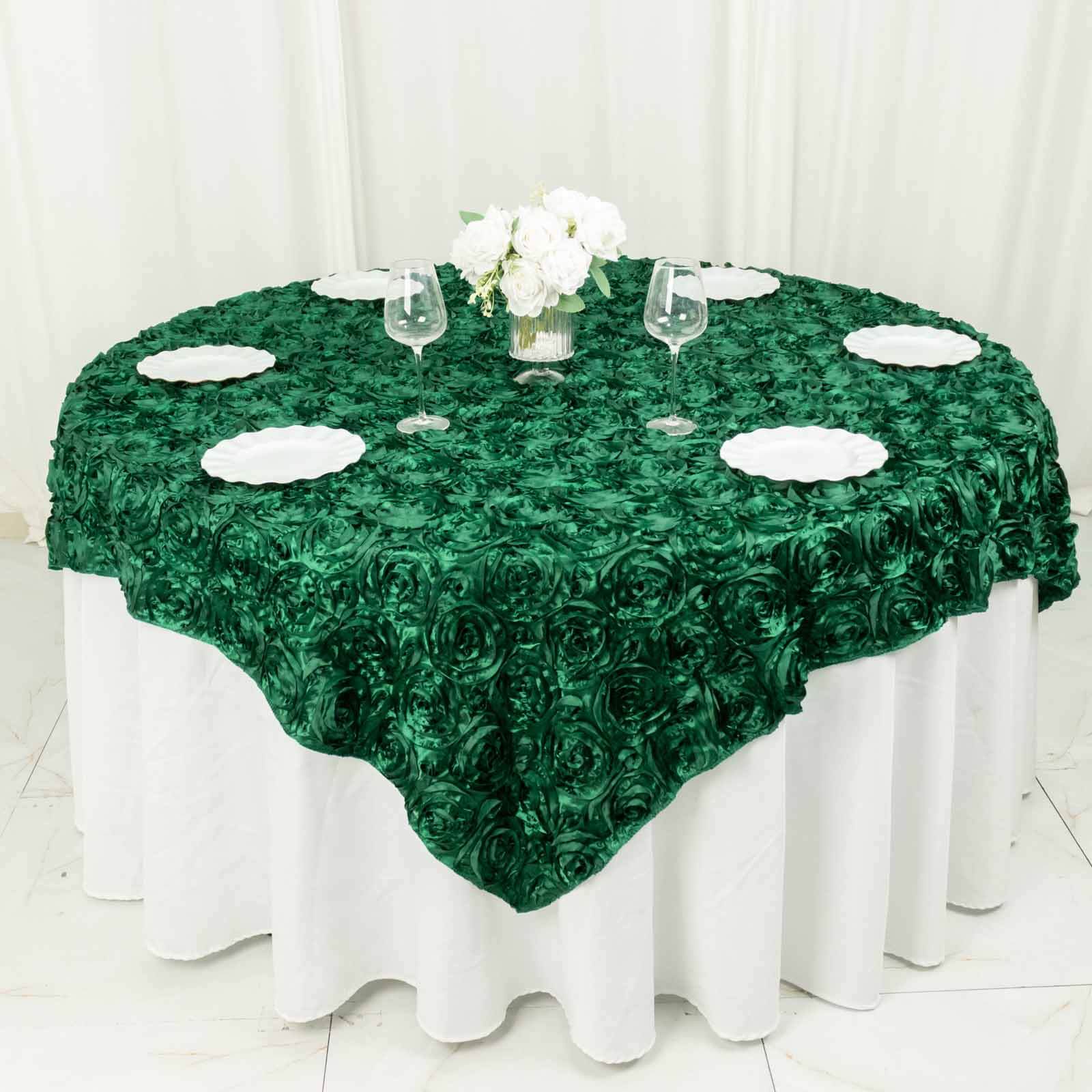 Satin 72"x72" Table Overlay Square Tablecloth Hunter Emerald Green - 3D Rosette Table Cover