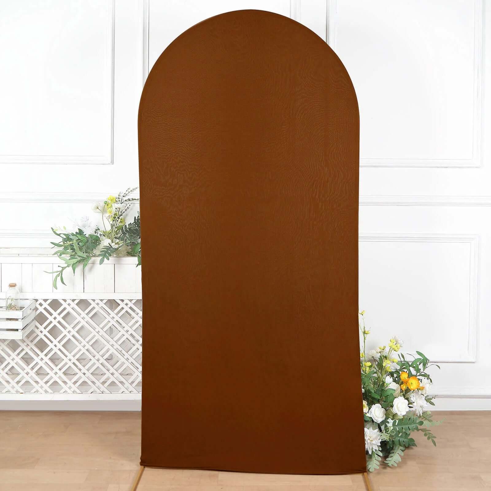 7ft Cinnamon Brown Spandex Fitted Chiara Backdrop Stand Cover For Round Top Wedding Arch