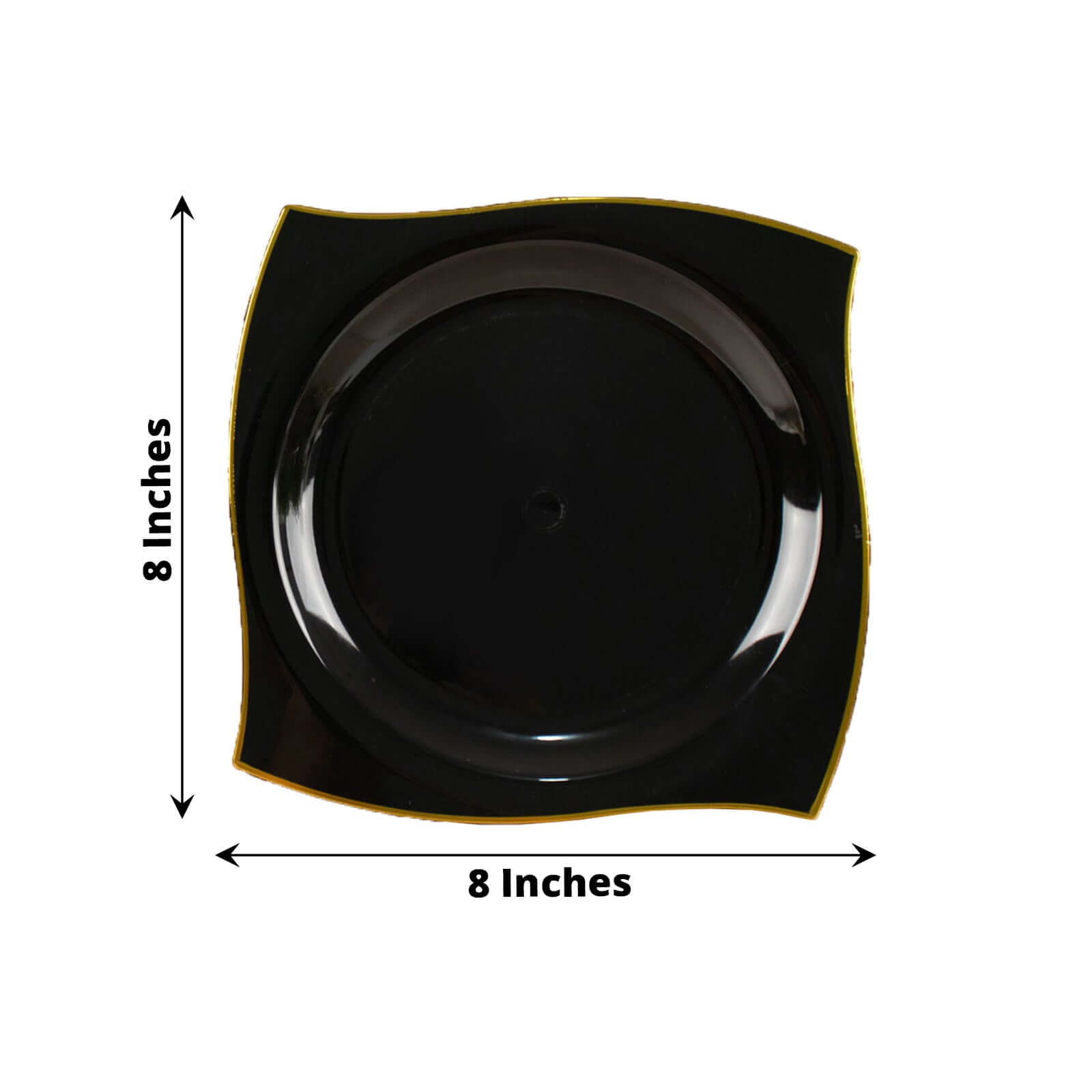10-Pack Plastic 8" Square Dessert Plates in Black with Gold Wavy Rim Modern - Disposable Salad Appetizer Party Plates