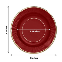 25-Pack Paper 8" Round Dessert Plates in Burgundy Sunray Design with Gold Rim - Disposable Heavy Duty 350GSM Appetizer Salad Plates