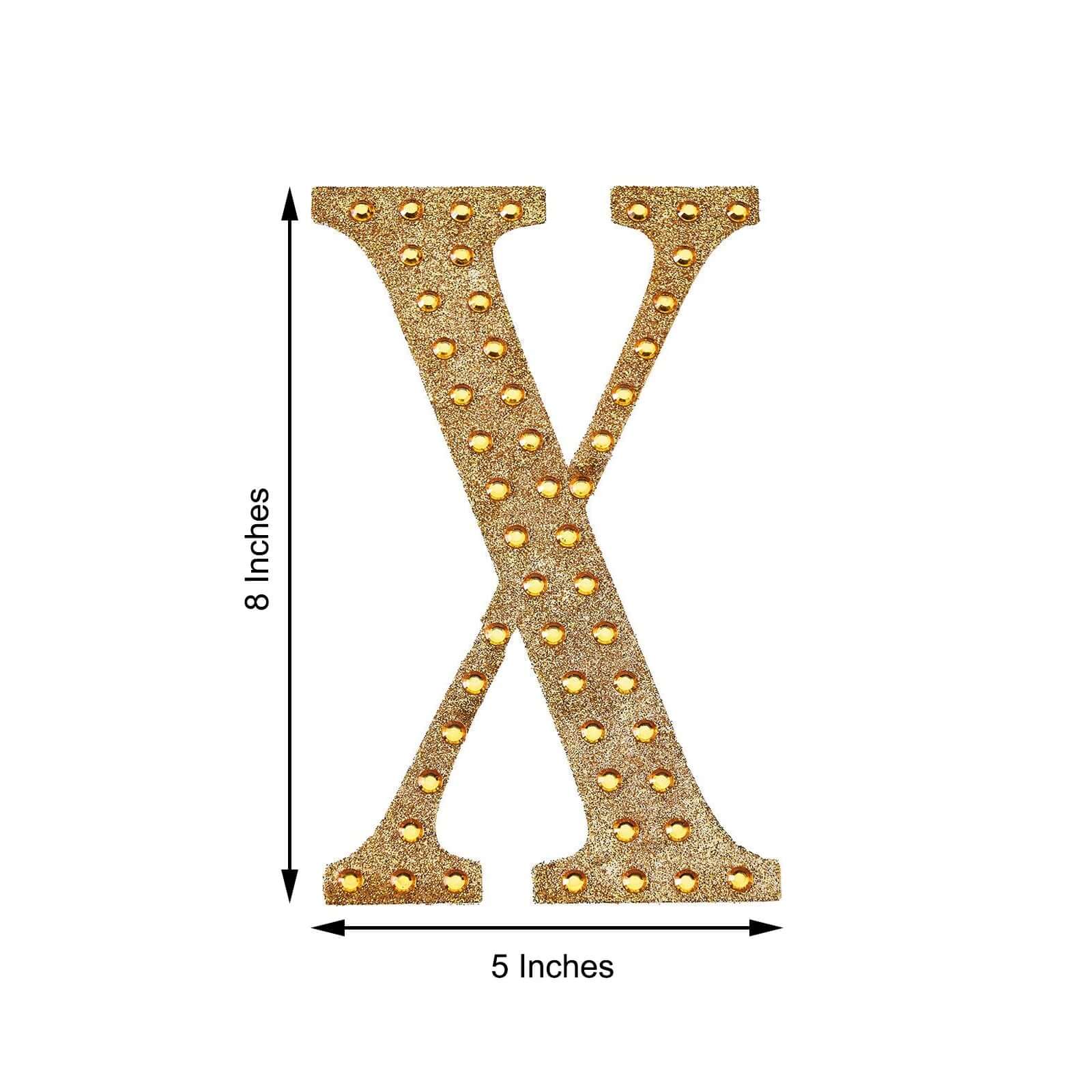 Decorative Rhinestone Alphabet "X" Letter Stickers, Glitter Adhesive Craft Letters Gold DIY Sparkle Embellishments 8"