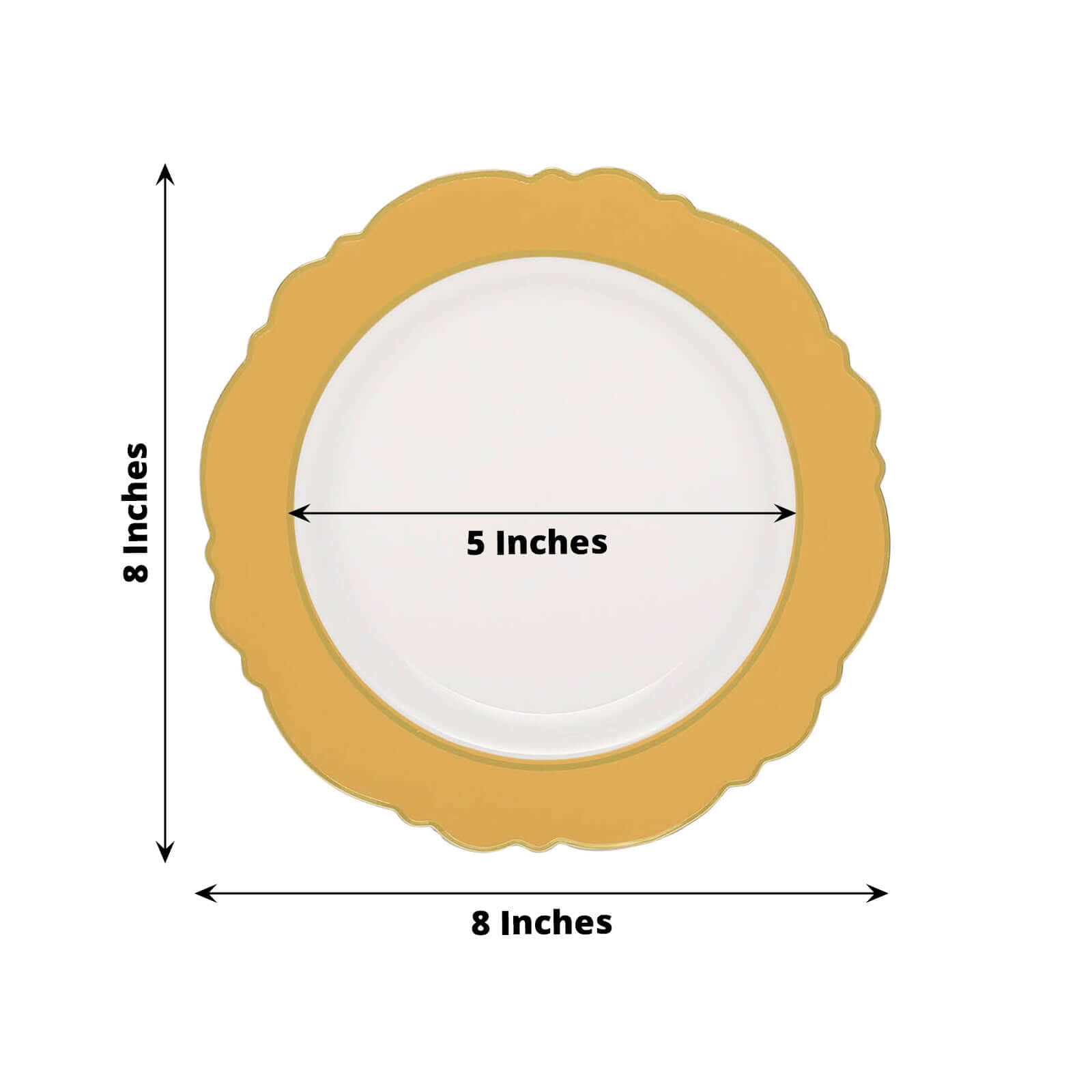 10-Pack Plastic 8" Round Dessert Plates in White with Gold Blossom Design & Gold Edging - Disposable Salad Appetizer Plates for Modern & Classy Table Decor